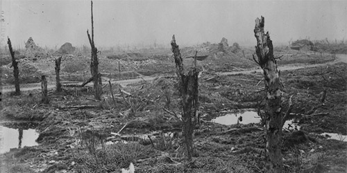 Cross road showing ruins of the Church and the Dressing Station. Photo: Dept. of National Defence/LAC, MIKAN no. 3329314